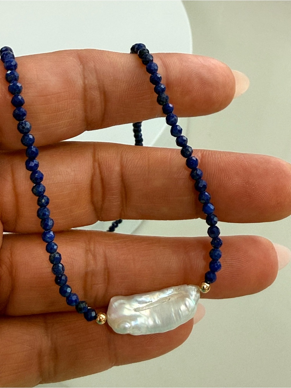 Handmade Lapis Bead Necklace with Baroque Pearl